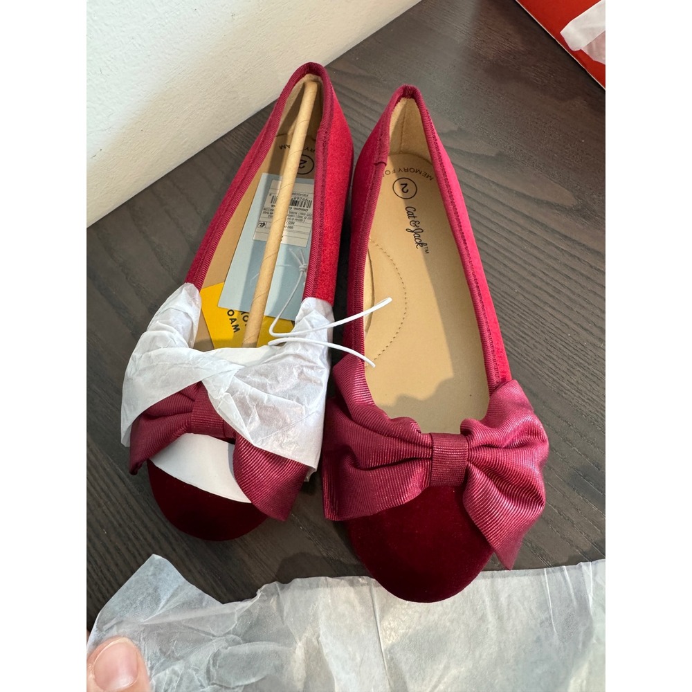 Christmas Cat & Jack Perla Ballet Flats Girls Size 2 Red Velvet Oversized Bow